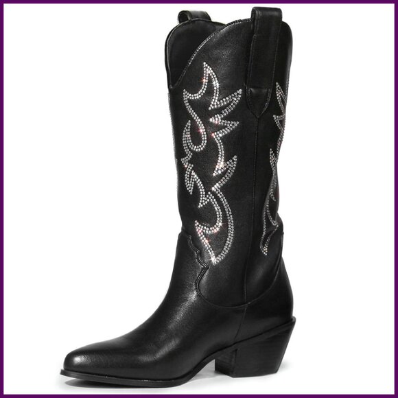Women's Embroidered Western Cowboy Boots Mid Calf Pull On Chunky Heel